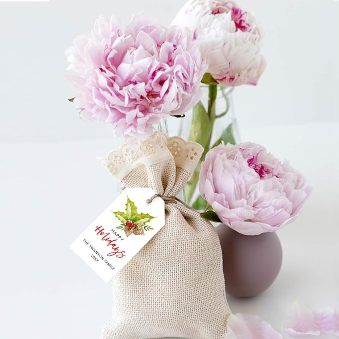 Andaz Press Personalized Christmas Holiday Season Classic Gift Tags, Happy Holidays Custom Family Name and Year, Holly Leaf Design, for Holiday Events, Parties, and Favors, 60-Pack