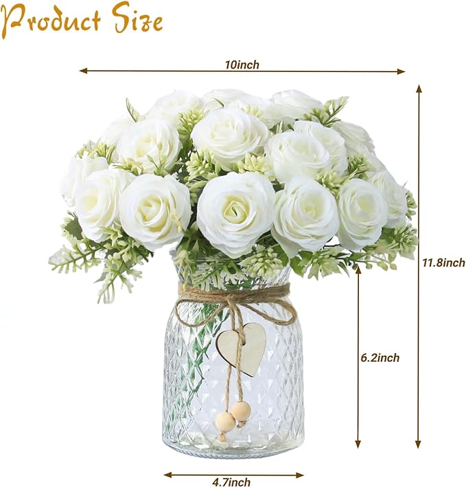 Fake Flowers in Vase,Fake Flowers with Vase 18 Pcs Faux Rose Flowers,Artificial Flowers for Home Decor, Indoor Centerpiece for Living Room & Dining Table (White)