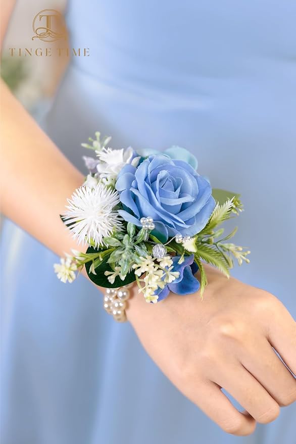 TINGE TIME Set of 2 Wrist Corsage Bracelets Pearl Wristlet Band Bridesmaid Bracelet for Wedding Ceremony Bridal Shower Wedding Artificial Flower Prom (Provence Blue)