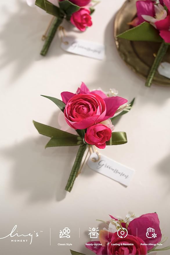 Ling's moment Boutonniere for Men, 6pcs Groom Groomsmen Boutonniere, Artificial Flowers for Wedding Decor/Prom/Homecoming, etc.Hot Pink Magenta Blush