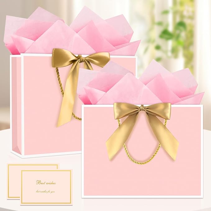 JMANNI Gift Bag, Medium Gift Bags with Tissue Paper, 2Pcs Gift Bags Medium Size with Handle and Bow Ribbon for Any Birthday,Weddings, Mothers Day & Special Occasion 11''x7.87''x4''(Pink-White)