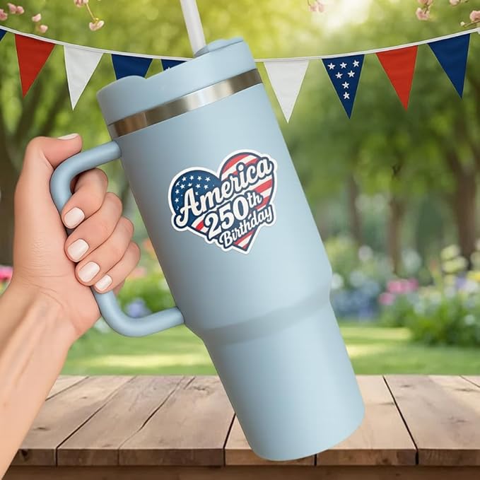 HANDICHI Design 5-Pack 6 Inch America 250th Birthday Stickers – Patriotic Heart-Shaped USA Flag Vinyl Decals – Waterproof 1776–2026 Independence Day Stickers for USA 250th Anniversary Celebration