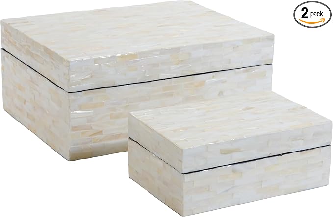 PEMAR Set of 2 Mother of Pearl Decorative Boxes w Lids, Handmade Mosaic Keepsake Jewelry Box Rectangular Treasure Chest, Shelf Decorative Wooden Box for Memory Tea Bags Coffee Accessories (White)