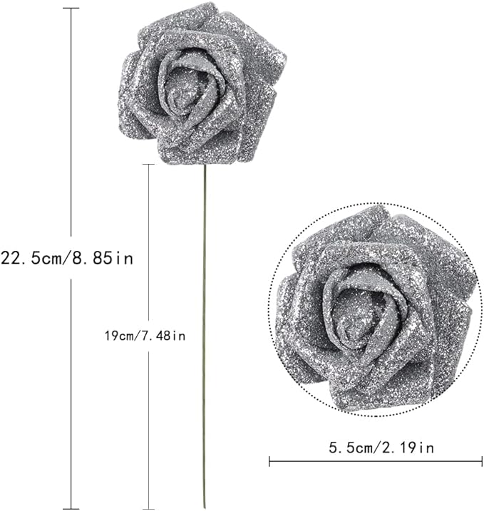 IPOPU Silver Roses Artificial Flowers,50pcs Glitter Flowers Fake Foam Roses with Stem for DIY Wedding Bridal Bouquet Home Party Christmas Decoration(Silver)