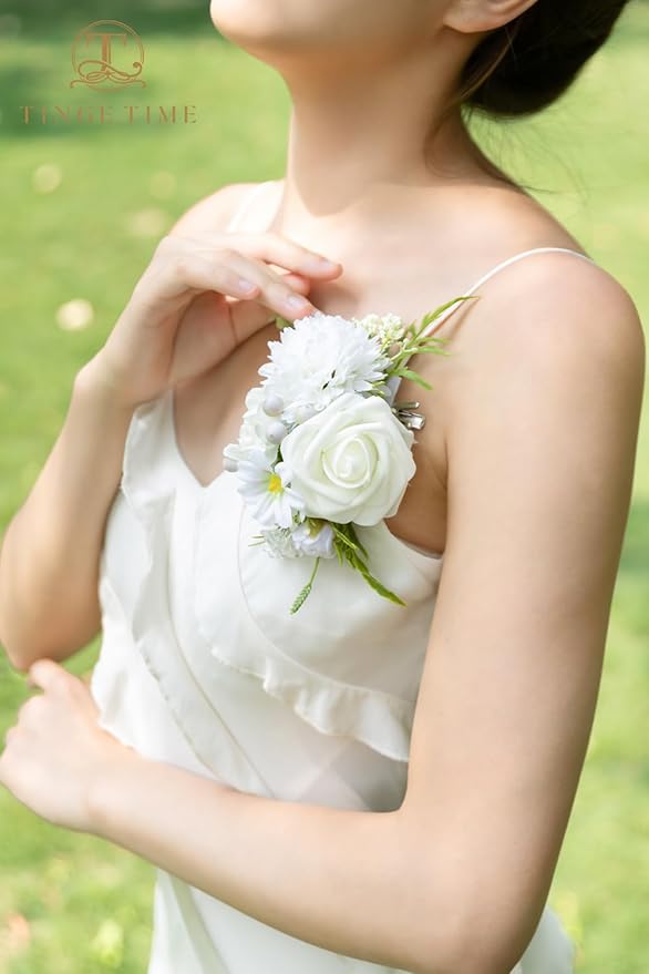 TINGE TIME Artificial Shoulder Corsages Flowers, Set of 2, Mother of The Bride Floral Corsage for Wedding Ceremony Anniversary Formal Dinner Party (IvoryWhite)