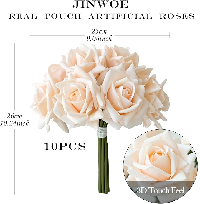10pcs Cream Real Touch Roses Flowers, Lifelike Full Bridal Bouquet Artificial Flowers for Flower Arrangement Home Party Spring Wedding Decoration