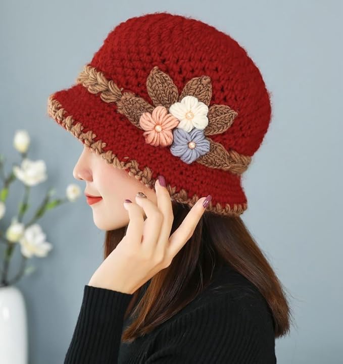 Flower Knit Crochet Fuzzy Bucket Hat Women Winter Warm Beanies Hat Furry Plush Faux Fur Fishing Skull Cap Fishman Hats