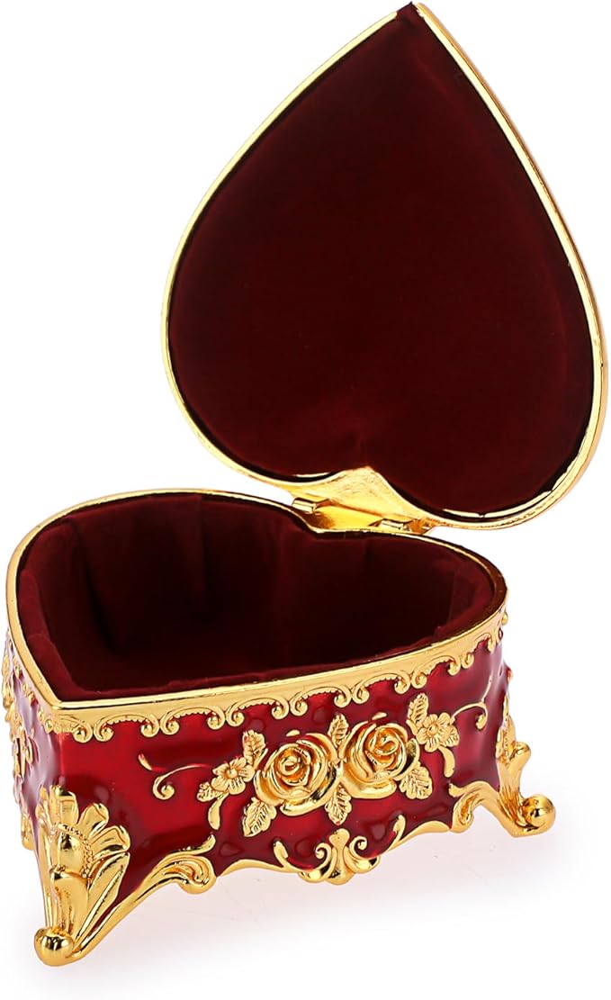 Hipiwe Heart Shape Jewelry Box Classic Metal Trinket Organizer Ring Storage Box with Rose Pattern Jewelry Storage Box for Ring Earrings Necklace, Gift for Women, Red