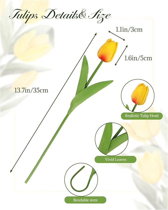 MACTING 30 PCS Artificial Tulip Flowers 13.7" Real Touch Fake PU Tulips Bouquet Faux Flowers for Floral Arrangements Table Centerpiece Home Kitchen Indoor Outdoor Summer Decor (Mix Yellow)