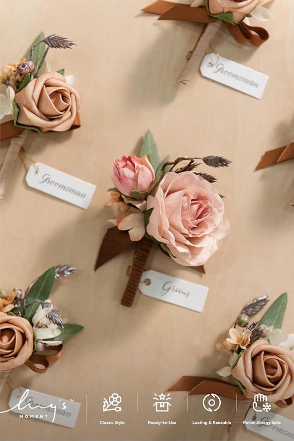 Ling's moment Boutonniere for Men, 6pcs Groom Groomsmen Boutonniere, Artificial Flowers for Wedding Decor/Prom/Homecoming, etc.Shabby Pink Dusty Rose