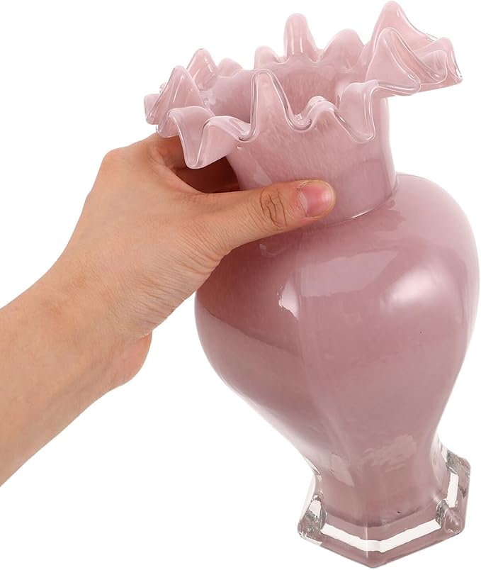 Handblown Glass Flower Vase Pink Pearl Wave Mouth Decorative Floral Arrangement Holder for Home Table Office Wedding Centerpiece Modern Artistic Accent