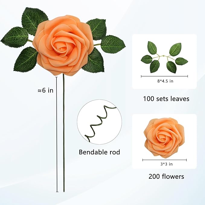 JOYLEX Artificial Flowers Realistic Roses, Real Looking Fake Roses with Stem for DIY Wedding Bouquets Centerpieces Bridal Shower Party Home Romantic Decorations (Orange, Regular 3" - 200pcs)