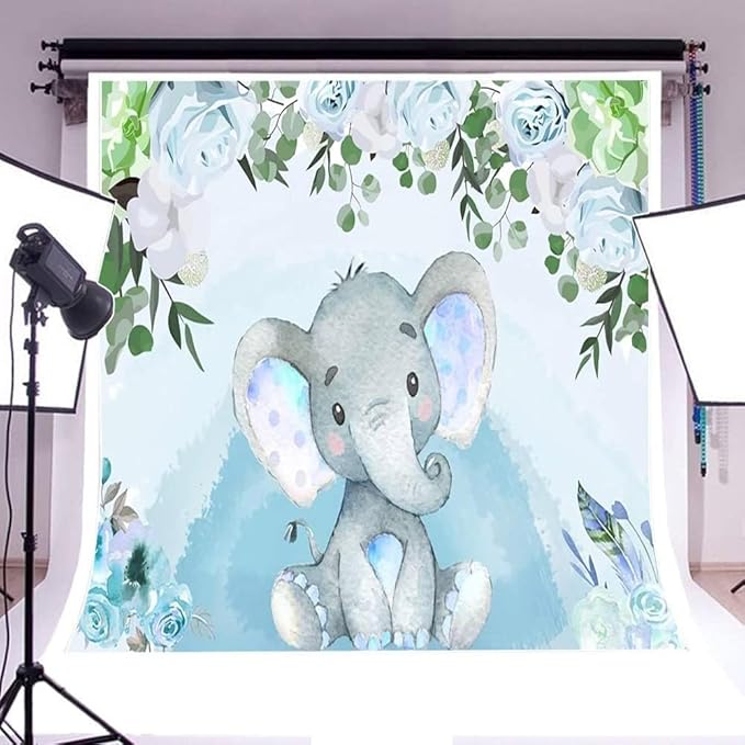 AOFOTO Flowers Baby Elephant Backdrop Light Blue 10x10ft Boy Gender Reveal Party Decorations Sweet Floral Baby Shower Photo Shoot Background for Photography Kids Child Birthday Photo Studio Props