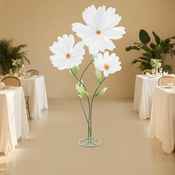 3Pcs Giant Artificial Paper Flowers - Artificial Daisy Flower for Wedding 3-Head Giant Fake Flowers with Standing Stems and Base 6.7ft Tall for Wedding Wall Party & Home Decor (White)