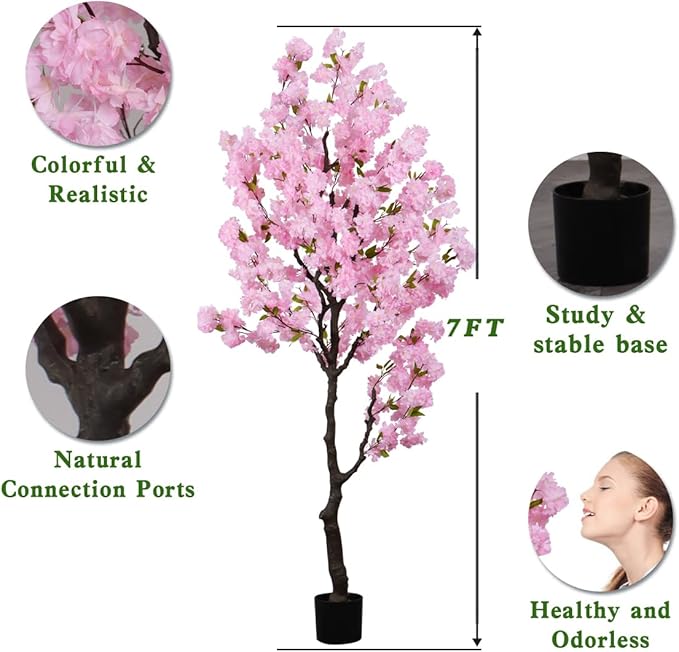Artificial Pink Cherry Blossom Tree 7 FT Faux Flower Tree,Cherry Blossom Tree Indoor for Home Decor