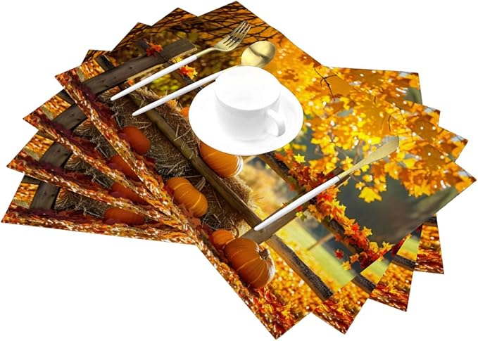 PVC Placemats Set of 1 Wipeable Table Mats Washable Heat Resistant Non Slip Vinyl Dining Table Mat for Kitchen Indoor Outdoor Patio Farmhouse Place Mats Autumn Pumpkin Maple Decorative