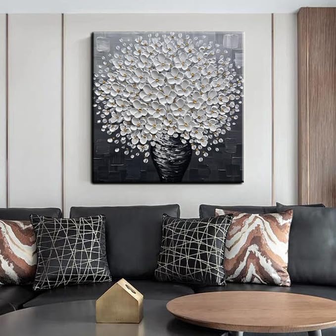 YaSheng Art- 3D Thick Texture Black and White Canvas Wall Art Hand-Painted Minimalism Abstract Artwork Oil Painting Home Decorations Modern bedroom Wall Art Ready to Hang 24x24inch