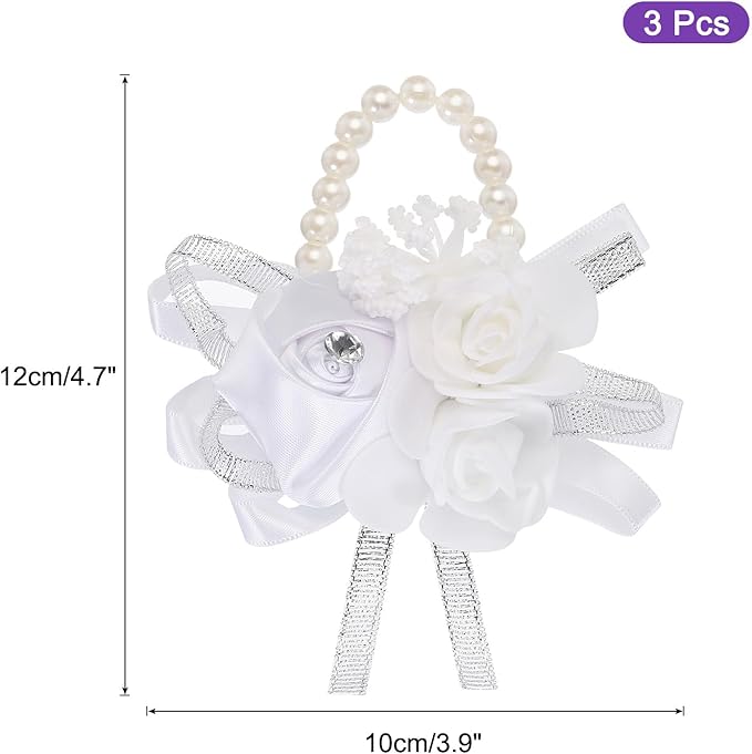MECCANIXITY 3Pcs Wrist Corsage Artificial Flower Bracelets Rose Wrist Bride Groom Decorative for Wedding Ceremony Prom Party Anniversary White