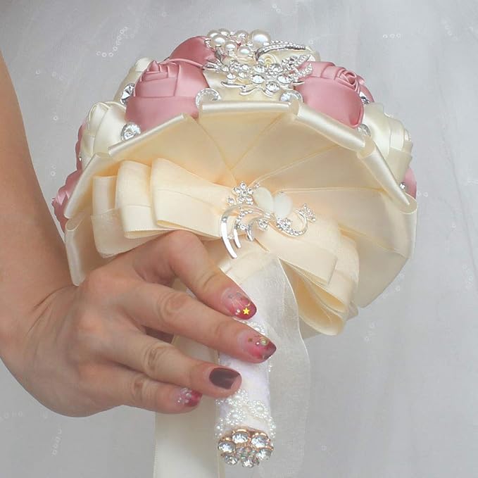 Wedding Bouquet Wedding Bouquets for Bride and Bridesmaid Artificial Silk Rose Bouquet for Wedding Occasion 7 inch Diameter, 9.8 inches Length 1pcs (Ivory+Pink)