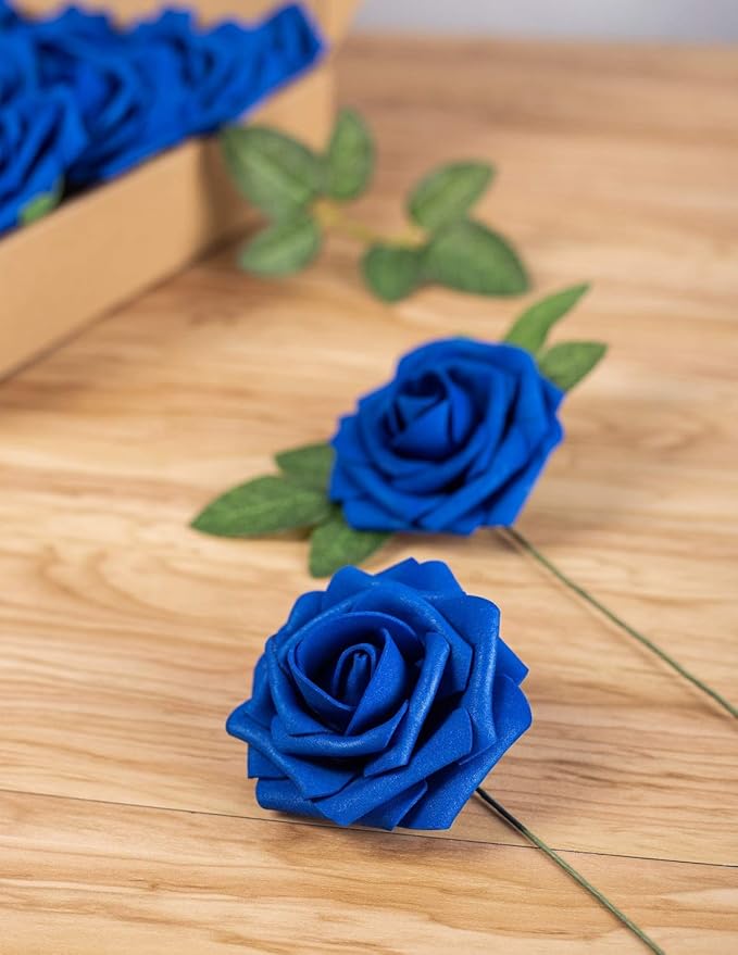25pcs Artificial Flower Foam Rose Real Touch Roses Flower Heads with Stem for DIY Wedding Bouquets Centerpieces Arrangements Party Baby Shower Home Decor (Royal Blue)