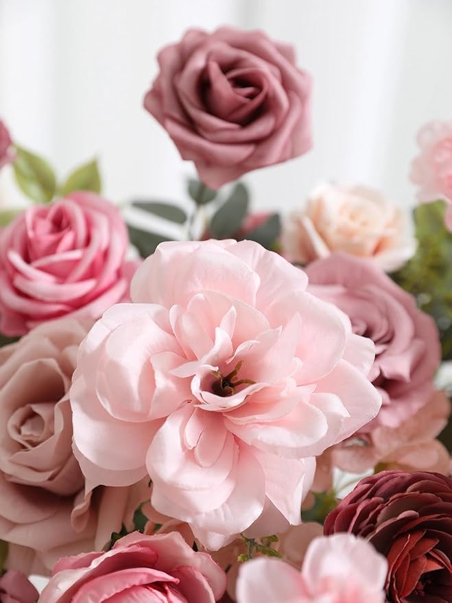 Artificial Flowers Combo Box Nude Pink Flowers Silk Fake Roses Dahlia with Stems for DIY Wedding Bridal Bouquets,Table Centerpieces,Cake Floral Arrangement,Baby Shower,Birthday Home Decor
