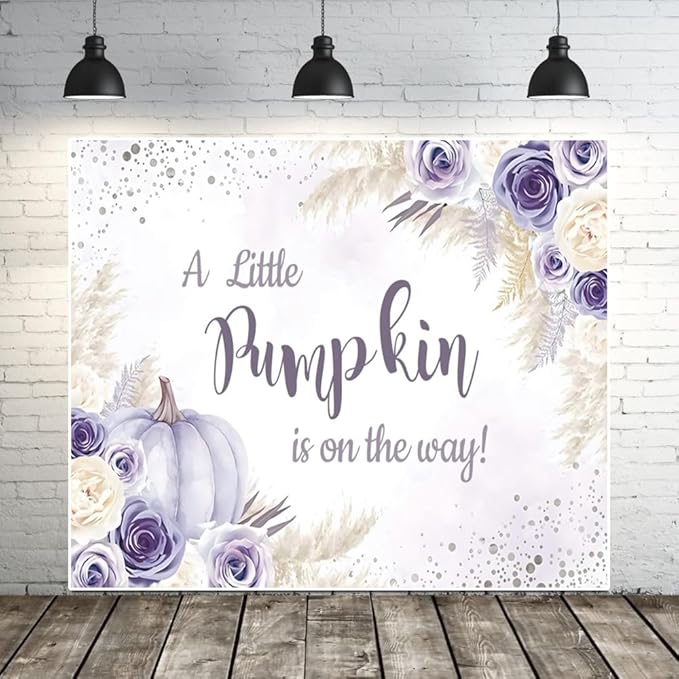 Little Pumpkin Baby Shower Backdrops 10x8ft, A Sweet Little Pumpkin is On The Way Purple Floral Photography Background, Baby Shower Baby Birthday Backdrop Decoration Banner