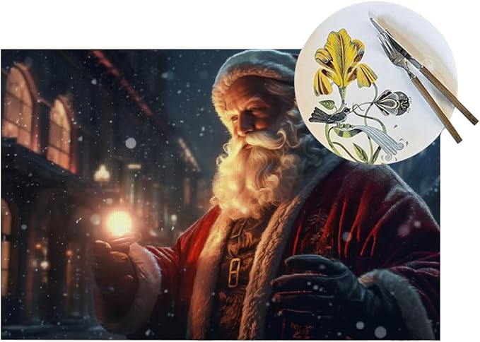 PVC Placemats Set of 1 Wipeable Table Mats Washable Heat Resistant Non Slip Vinyl Dining Table Mat for Kitchen Indoor Outdoor Patio Farmhouse Place Mats Vintage Christmas Santa Claus Decorative