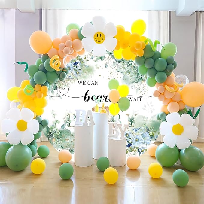 OERJU 7.2x7.2ft Bear Baby Shower Round Backdrop We Can Bearly Wait Lovely Photography Background Green Leaves Floral Circle Backdrop Cover Birthday Gender Reveal Party Decoration Photo Booth Props