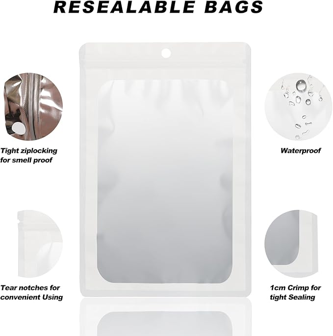 400 Pack 4 Size Bags with Clear Window,Scratch Resistant Hand Holographic Packaging Pouch,Resealable Bag for Small Bussiness Cookies Jewelry Candy Sample (White, 2.4×3.9,3x4.7,4×7,5.5×7.9 inch)