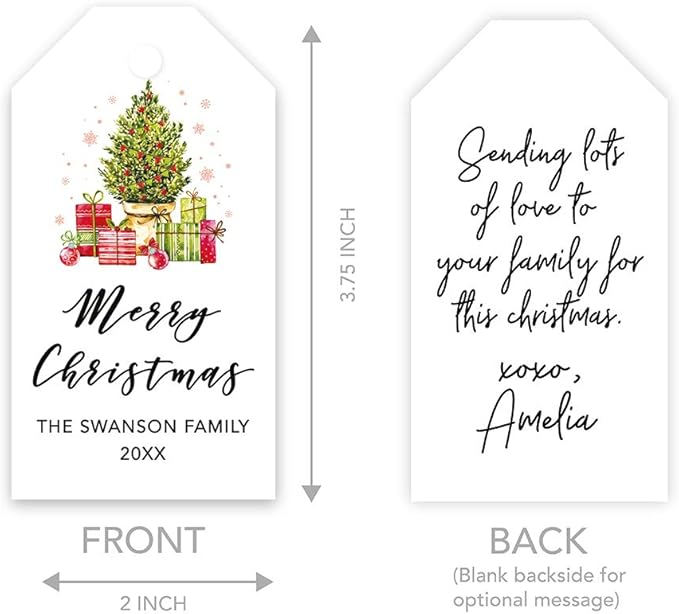Andaz Press Personalized Christmas Holiday Season Classic Gift Tags, Merry Christmas Custom Family Name and Year, Christmas Tree with Presents Design, for Holiday Events, Parties, and Favors, 60-Pack