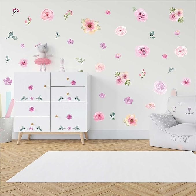 Floral Wall Decals Peel and Stick | 60PCS Watercolor Peony Flower & Leaves Stickers | Removable Vinyl Wall Art for Girls Bedroom, Nursery, Living Room | Pastel Home Decor