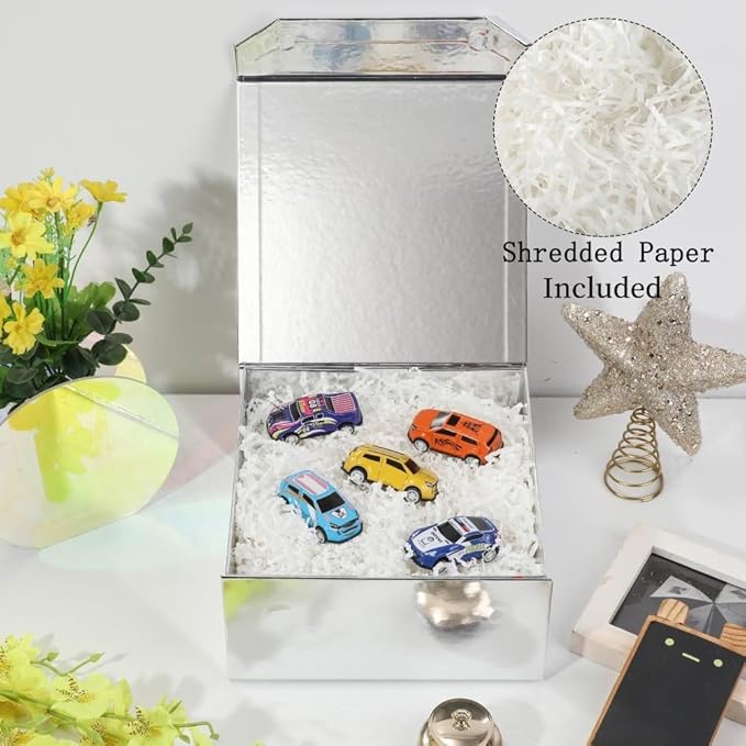 6 Pcs Silver Gift Box 8x8x4 Inch Small Magnetic Gift Boxes with Crinkle Paper Silver Small Gift Box with Lids for Presents