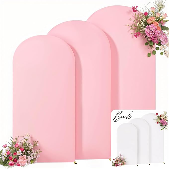 White and Pink Arch Backdrop Cover 7.2FT 6.6FT 6FT Arch Covers Stretchy Backdrop Set of 3, Wedding Arch Cover Spandex Fitted Double-Color Fabric Arch Covers for Party Baby Shower Birthday Decoration