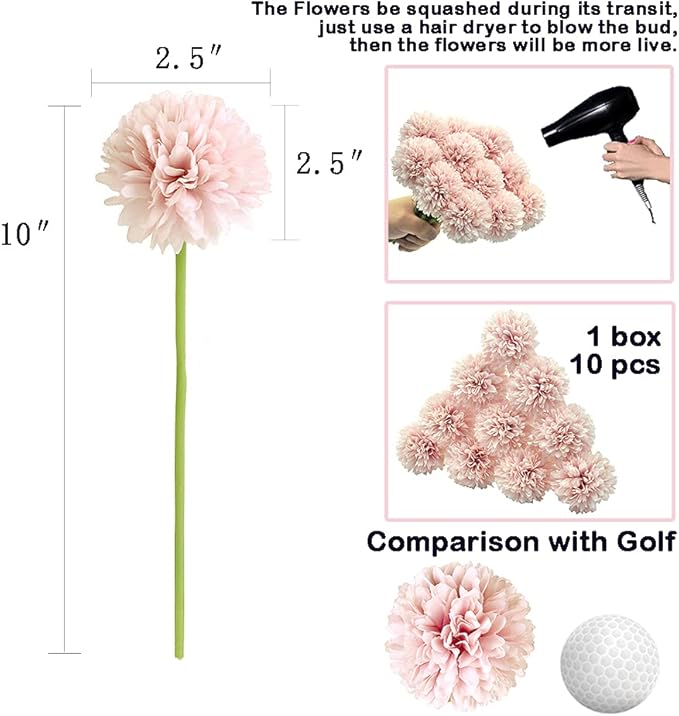 10Pcs Artificial Fake Flower Plants Silk Chrysanthemum Ball Hydrangea Arrangements Wedding Bouquets Decor Home Kitchen Garden Party Table Floral Centerpieces DIY (Light Pink)