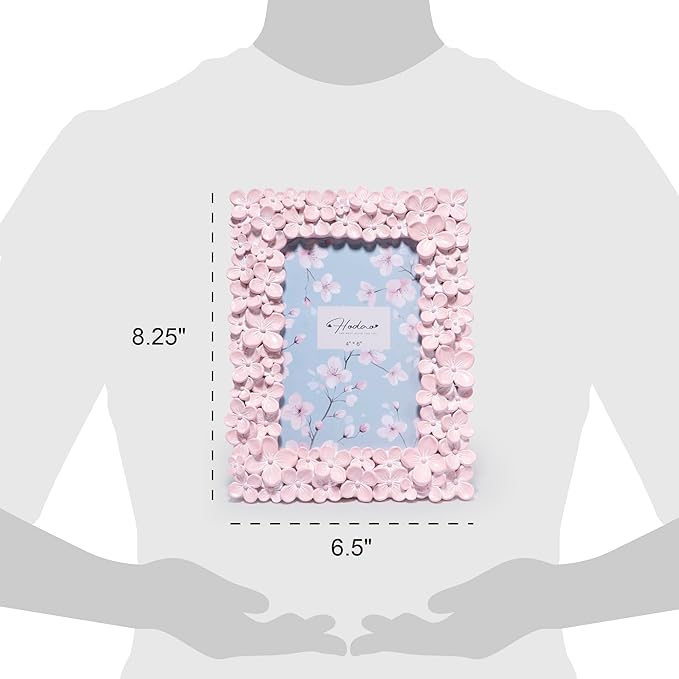 Hodao 4×6 Pink Floral Picture Frame — Handcrafted Textured Flower Picture Frame with Plastic Photo Cover & Built-In Easel for Tabletop Display, Decorative Home Décor, Nursery & Photo Keepsake