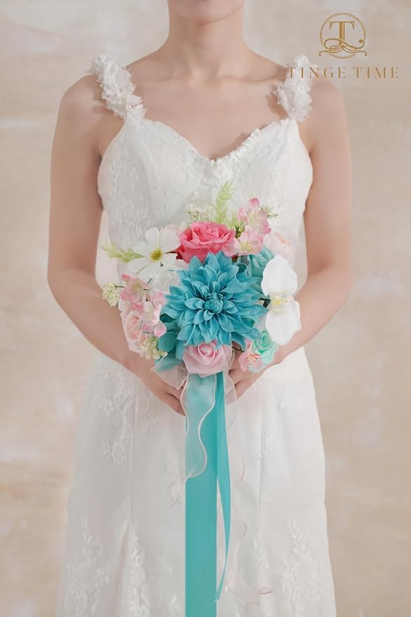 TINGE TIME Artificial Flowers Combo Set Teal Blue & Pink Flowers Mix Silk Flowers Roses with Stem for DIY Wedding Bridal Bouquets Baby Shower Floral Arrangement Table Centerpieces Home Decorations