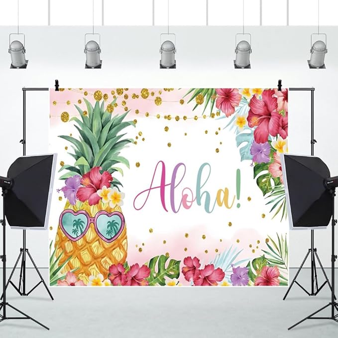 Summer Aloha Luau Party Backdrop 10x8ft, Hawaiian Palm Leaves Floral Pineapple Banner Happy Birthday Photo Photography Supplies