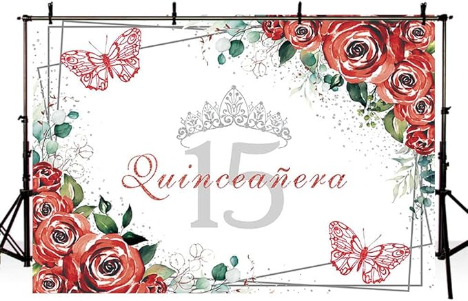 SENDY 10x7ft Quinceañera Backdrop Mis Quince 15 Anos Birthday Party Decoration Supplies for Girl Princess Red Floral Flower Butterfly Silver Crown Photography Background Banner Photo Booth Studio Prop