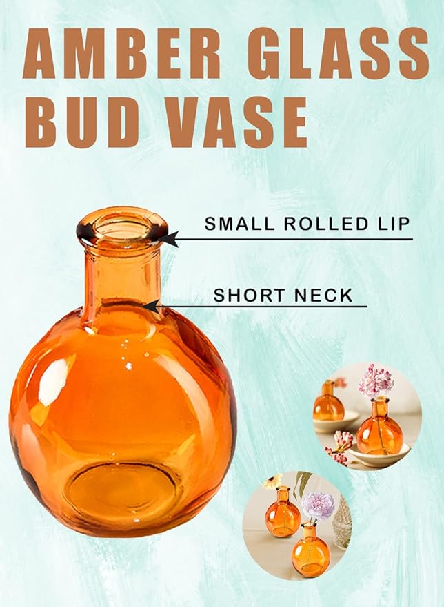 Serene Spaces Living Set of 6 Small Amber Ball Bud Vase, Vintage Glass Bottle Vases for Weddings, Events, Parties, Floral Centerpieces for Home Decor, Measures 3" Diameter & 4" Tall