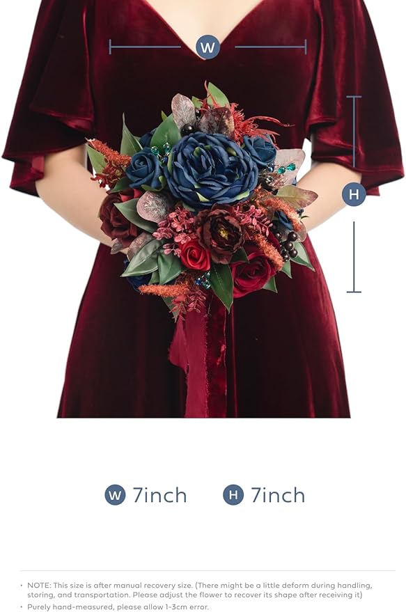 Ling's moment Terracotta Artificial Flowers Bridesmaid Bouquet Set of 4, Burgundy & Navy Blue Wedding Flowers Bouquets for Bridesmaids, 7 Inch Bridal Bouquets for Bridesmaids, Wedding, Ceremony