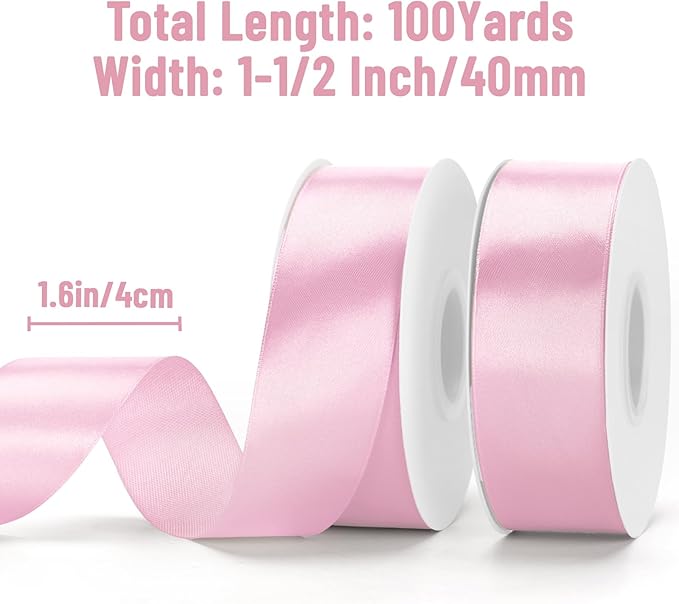 KINGLAKE Pink Satin Ribbon - 1 1/2'' x 100 Yards Polyester Pink Ribbon for Gift Wrapping Valentines Day Wedding Party Decoration DIY Crafts Floral Bouquets and Wreath Bows