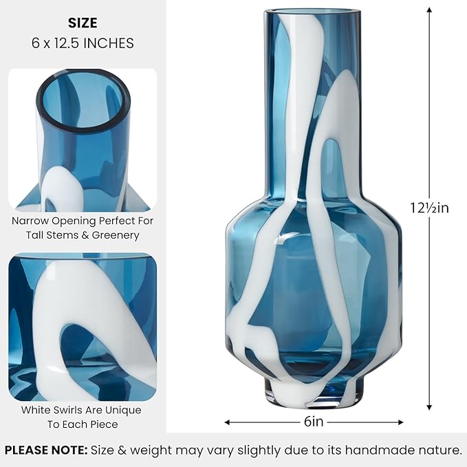Torre & Tagus Mouth Blown Blue Art Glass Vase with White Swirls - 12" Tall Decorative Vase for Modern or Coastal Home Decor, Living Room, or Bedroom