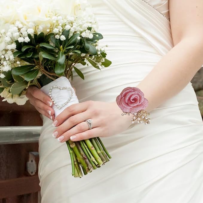 1PCS Wedding Wrist Flower,Bridesmaid Bride Wrist Flower Corsage Decoration Hand Flowers,Peach Powder