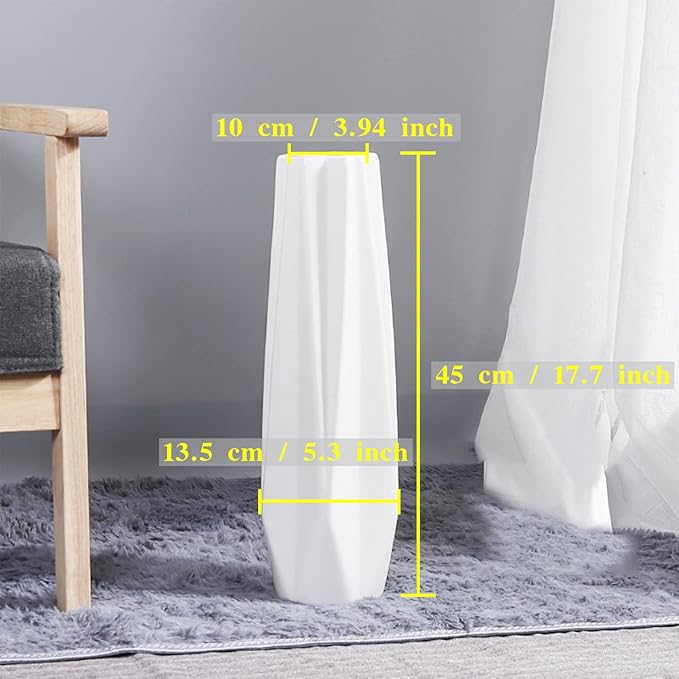 Ceramic Floor Large Vase 17.7 Inches Tall,White Modern Flower Tall Vases for Office, Home,Farmhouse,Living Room Décor,Simple Origami Design Fall Decorative Porcelain Flower Arrangement Vase Ideal Gift