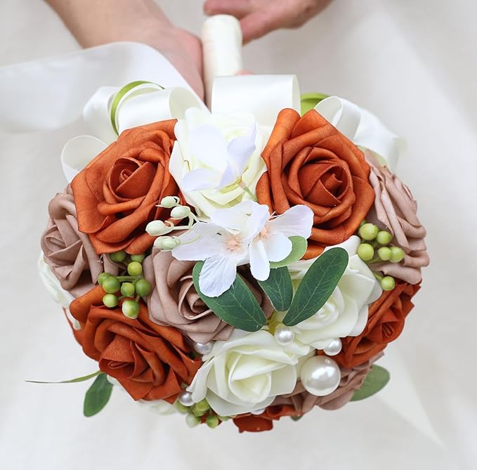 Lightweight Bridal Wedding Bouquet Round Holding Bouquet Throw Toss Artificial Rose Flower Bunch for Bride Bridesmaid Wedding Quinceanera (Cream, Coral & Rosy Brown, 6.7")