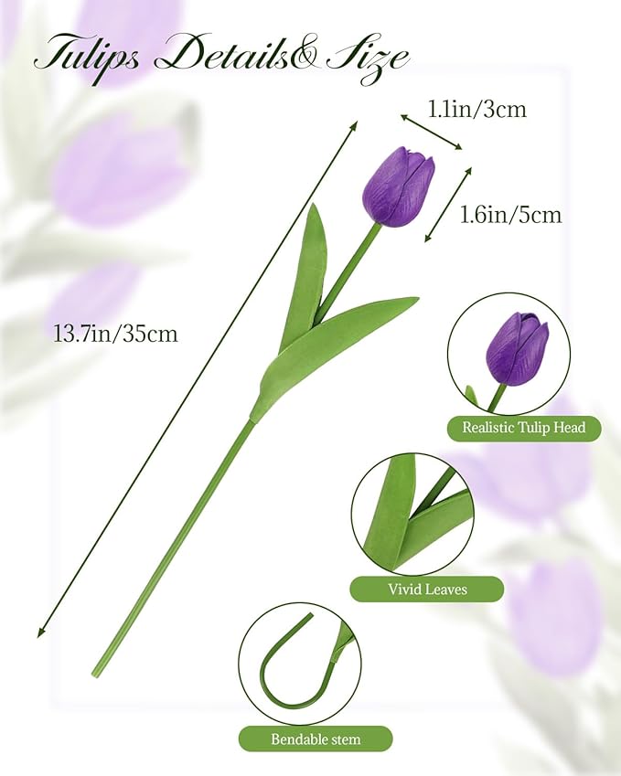 MACTING 30 PCS Artificial Tulip Flowers 13.7" Real Touch Fake PU Tulips Bouquet Faux Purple Flowers for Floral Arrangements Table Centerpiece Kitchen Home Indoor Outdoor Summer Decorations