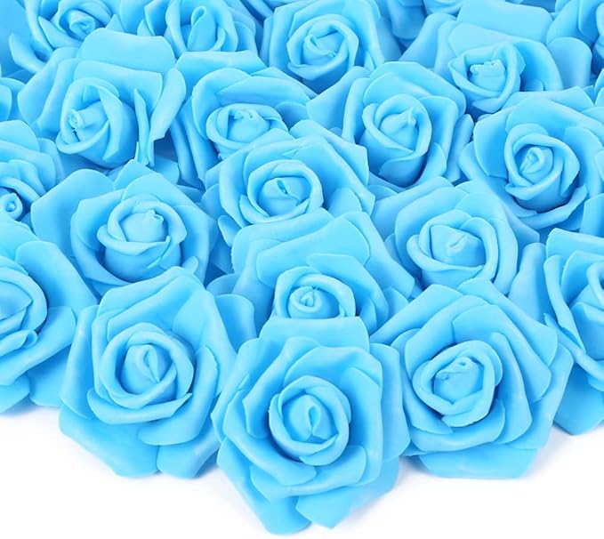 Artificial Rose Flower Heads, 100pcs Blue Roses Artificial Flower Foam Rose for DIY Wedding Bouquets Centerpieces Arrangements Party Baby Shower Home Decor (Stemless,Sky Blue)