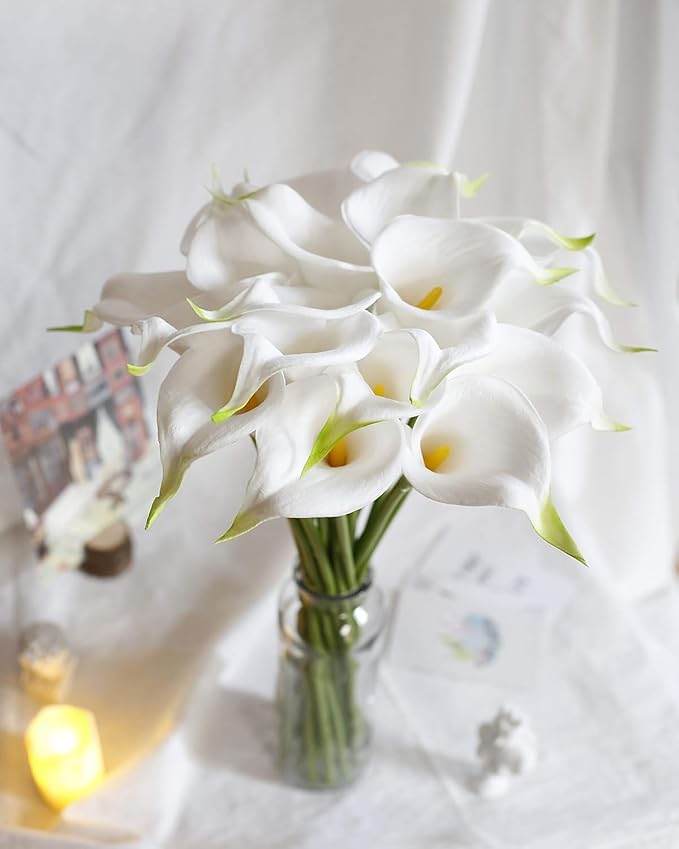 DuHouse 12Pcs Artificial Calla Lily Flower Real Touch Latex Flowers for DIY Wedding Bouquet Party Home Decor(White-Yellow Core)