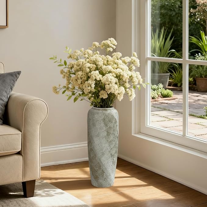 19.7 Inch Rustic Ceramic Tall Floor Vase, Slim Tapered Rustic Farmhouse Vase for Dried Stems & Pampas, Neutral Beige Decorative Vase for Living Room