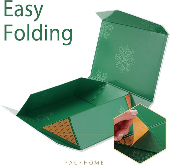 PACKHOME 6 Large Christmas Gift Boxes with Lids 13.5x9x4.1 Inches, Sturdy Collapsible Gift Boxes with Magnetic Closure (Green Snowflake Pattern)